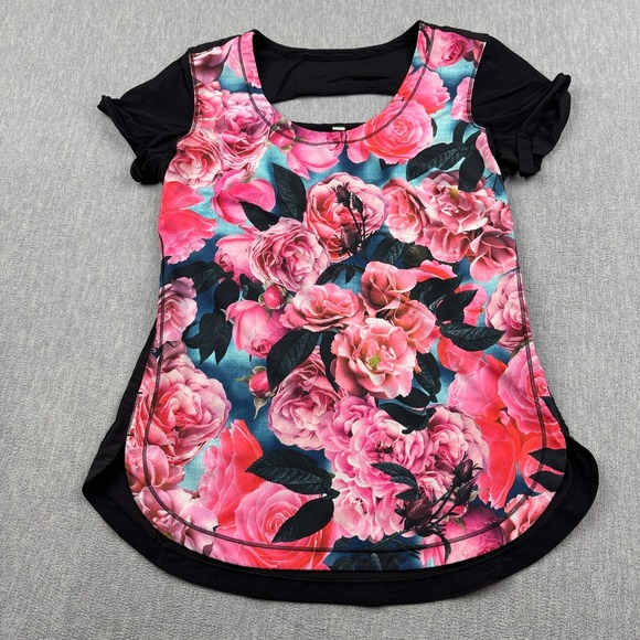lululemon athletica Tops - Lululemon Top Womens 6 Pink Black Secret Garden Lightened Up Short Sleeve Gym